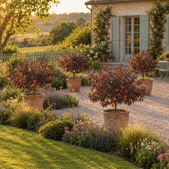 Pêcher 'Crimson' (Prunus persica) — petits arbres fruitiers pourpres en pot devant maison
