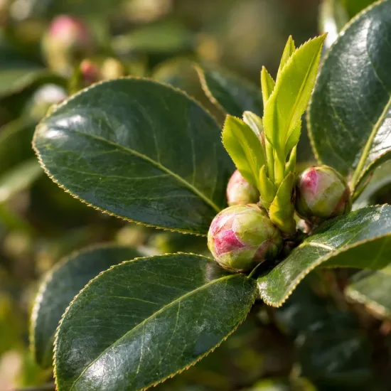Camelia 'Buttons and bows' (Camelia japonica) — gros plan sur feuilles luisantes et boutons floraux · Photo d'illustration