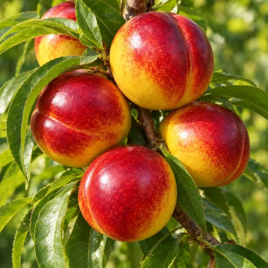 Nectarinier 'Nectared 4' (Prunus persica) — gros plan de fruits ronds bicolores sur branche · Photo d'illustration