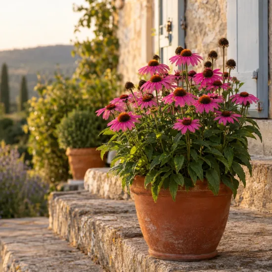 Échinacée 'Rose' (Echinacea panama) — plante fleurie rose en pot sur marches en pierre · Photo d'illustration