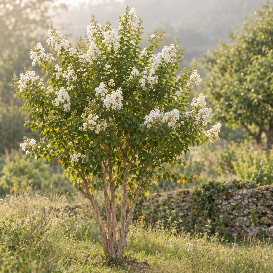 Lilas des indes 'Blanc' (Lagerstroemia indica) — arbruste fleuri aux grappes blanches dans un jardin · Photo d'illustration