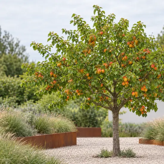 Abricotier 'Precoce saumur' (Prunus armeniaca) — arbre fruitier isolé sur gravier, fruits orange