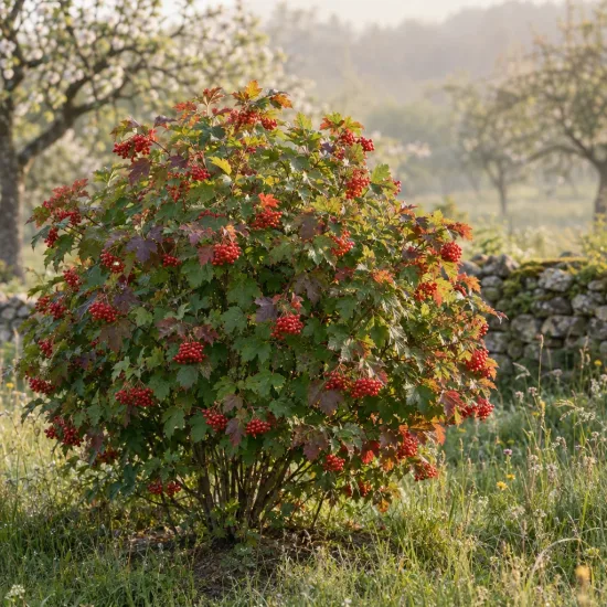 Viorne boule de neige 'Compactum' (Viburnum opulus) — arbuste arrondi couvert de grappes de baies rouges · Photo d'illustration