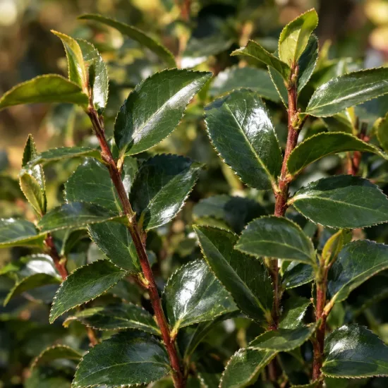 Camelia 'Pink goddess' (Camelia sasanqua) — feuillage vert brillant sur tiges brun rouge · Photo d'illustration