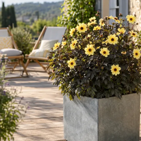 Dahlia 'Out' — plante buissonnante à fleurs jaunes sur terrasse · Photo d'illustration