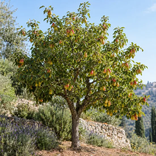 Pommier 'Museau de lievre' (Malus domestica) — arbre fruitier isolé chargé de fruits colorés · Photo d'illustration