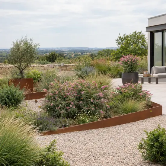 Buddleia 'Butterfly candy little pink' (Buddleja davidii) — massif arbustif fleuri dans jardin contemporain minéral