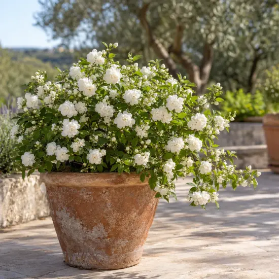 Seringat 'Manteau d'hermine' (Philadelphus) — arbuste fleuri blanc dans grand pot en terrasse
