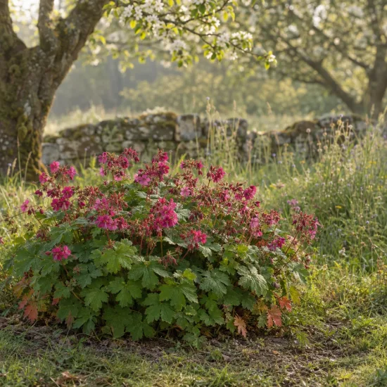 Géranium 'Bevan's variety' (Geranium macrorrhizum) — touffe de fleurs roses dans un jardin · Photo d'illustration
