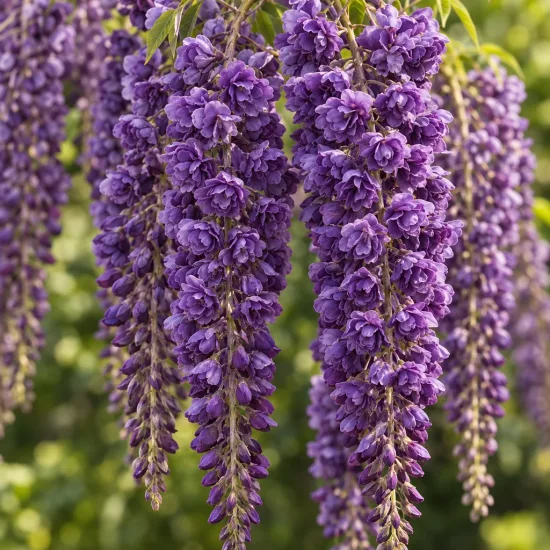 Glycine 'Black dragon' (Wisteria floribunda) — longues grappes de fleurs violettes denses · Photo d'illustration