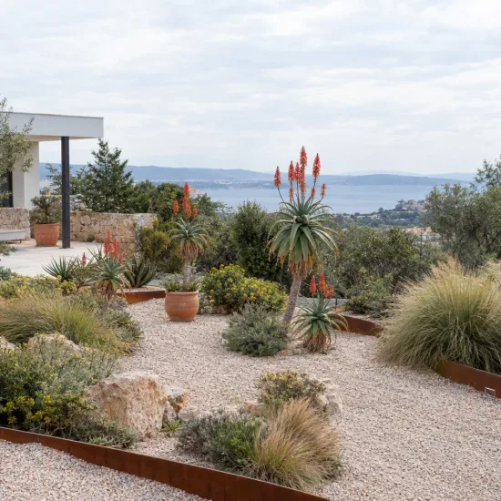 Aloe à tête penchée (Aloe hexapetala) — massif sec avec grande succulente en fleurs orange · Photo d'illustration
