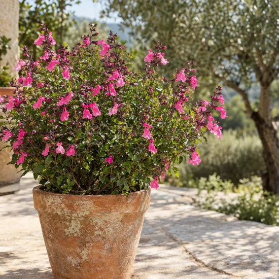 Sauge 'Pink pong' (Salvia grahamii) — buisson fleuri rose en pot sur terrasse · Photo d'illustration