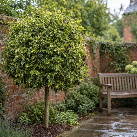 Troène du japon 'Excelsium superbum' (Ligustrum japonicum) — arbuste topiaire à feuillage panaché près d’un banc
