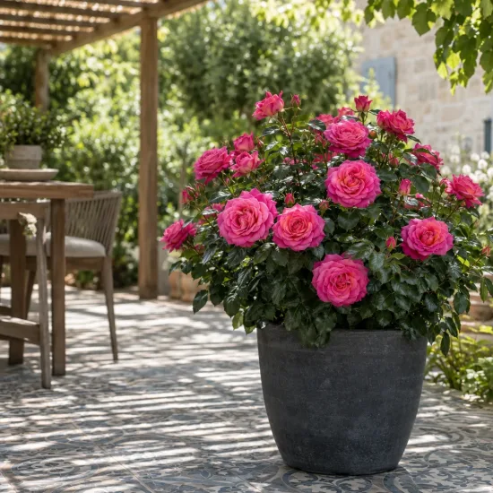 Rosier 'Special anniversaire' (Rosa hybrida) — buisson fleuri en pot sur terrasse ombragée · Photo d'illustration