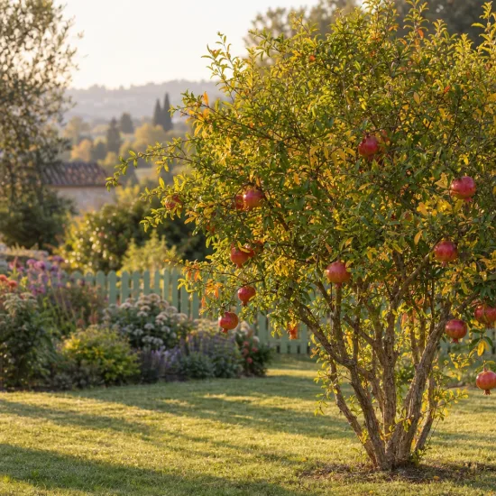 Grenadier à fruit 'Baku' (Punica granatum) — arbuste fruitier chargé de gros fruits rouges · Photo d'illustration