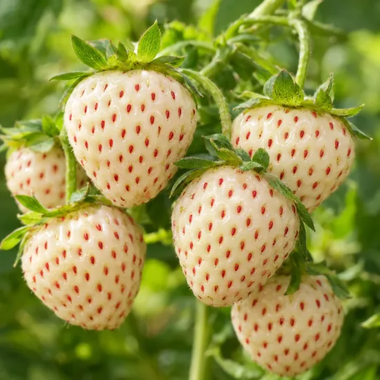 Fraisier ananas 'White dream' (Fragaria × ananassa) — groupe de fraises pâles suspendues sur tiges
