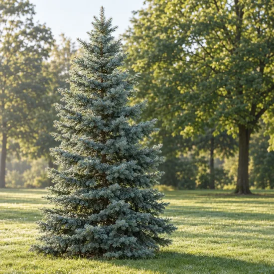 Epicéa du colorado 'Glauca' (Picea pungens) — conifère isolé au port pyramidal dans une pelouse · Photo d'illustration