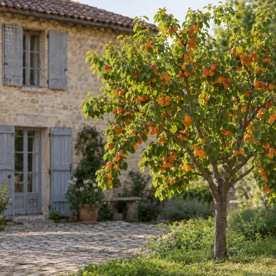 Abricotier 'Pinkot' (Prunus armeniaca) — arbre aux fruits orange devant maison en pierre