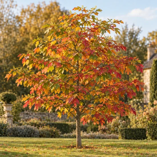 Laurier des iroquois (Sassafras albidum) — jeune arbre isolé aux feuilles vertes et rouges · Photo d'illustration