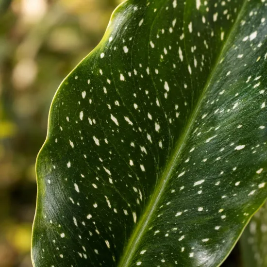 Arum blanc d'ethiopie 'Odessa' (Zantedeschia aethiopica) — gros plan sur feuille tachetée vert foncé · Photo d'illustration