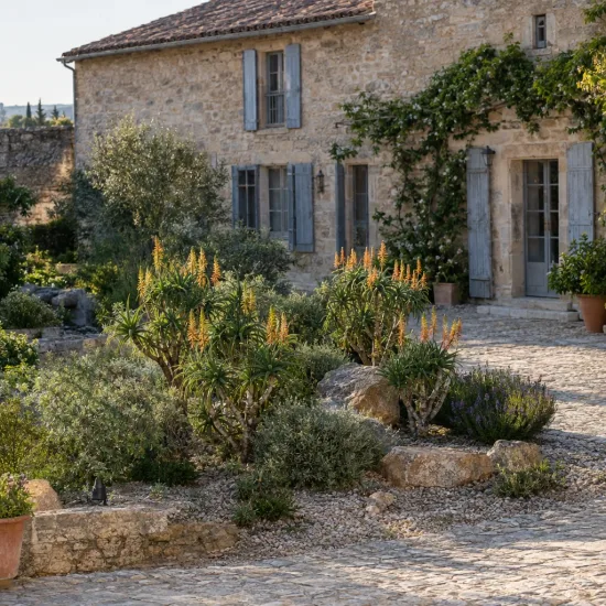 Aloès 'Artic jungle' (Aloe striatula) — massif de plantes succulentes devant maison en pierre · Photo d'illustration