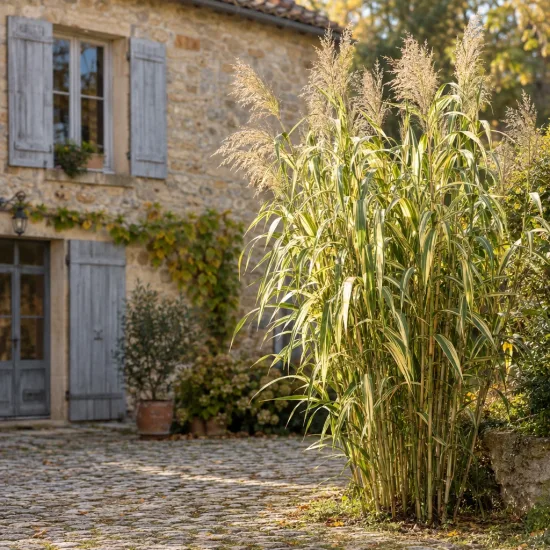 Canne de provence jaune 'Aureovariegata' (Arundo donax) — grand massif de graminées devant maison en pierre · Photo d'illustration