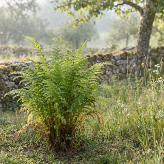 Fougère femelle (Athyrium filix-femina) — touffe de fougère dans un jardin champêtre · Photo d'illustration