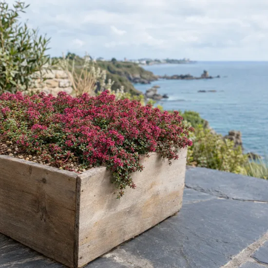 Thym 'Coccineus' (Thymus praecox) — coussin de petites fleurs roses en jardinière bois · Photo d'illustration