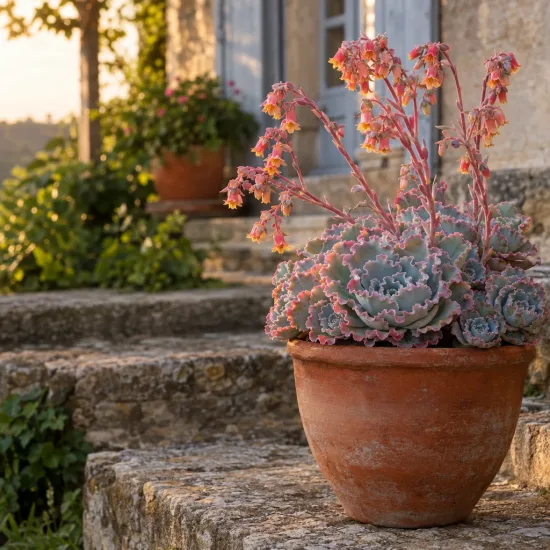 Succulente 'Pink frills' (Echeveria shaviana) — succulente ondulée en pot sur marches en pierre · Photo d'illustration