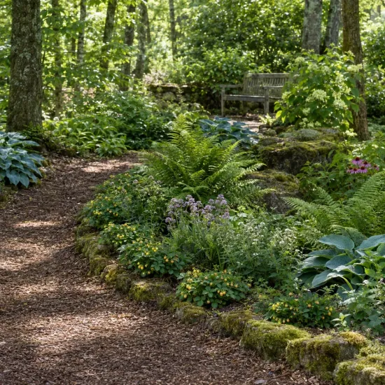 Fraisier des alpes 'Yellow wonder' (Fragaria vesca) — allée de jardin forestier bordée de vivaces · Photo d'illustration