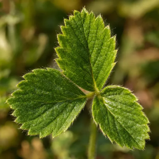Fraisier des alpes 'Yellow wonder' (Fragaria vesca) — gros plan sur feuille verte à trois folioles · Photo d'illustration