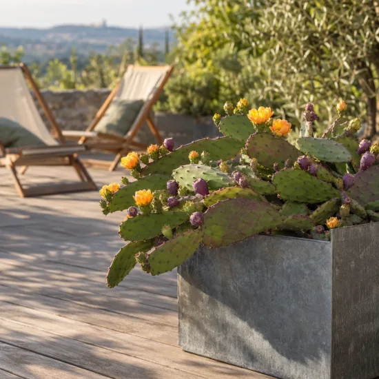 Cactée (Opuntia anacantha) — plante succulente fleurie dans grand bac sur terrasse