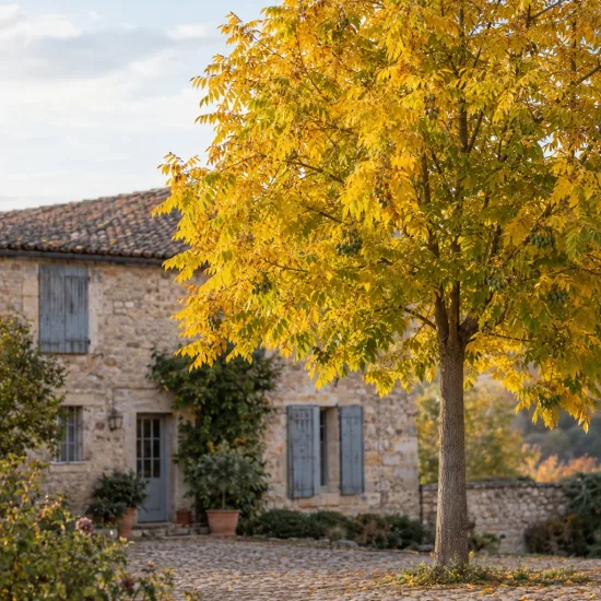 Pacanier des rivières (Carya cordiformis) — grand arbre au feuillage jaune devant maison en pierre · Photo d'illustration