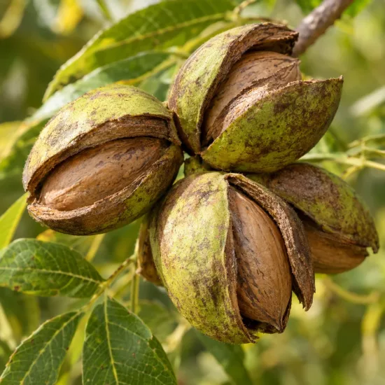 Pacanier à noix de pécan (Carya illinoinensis) — gros plan de noix mûrissant dans leurs coques ouvertes