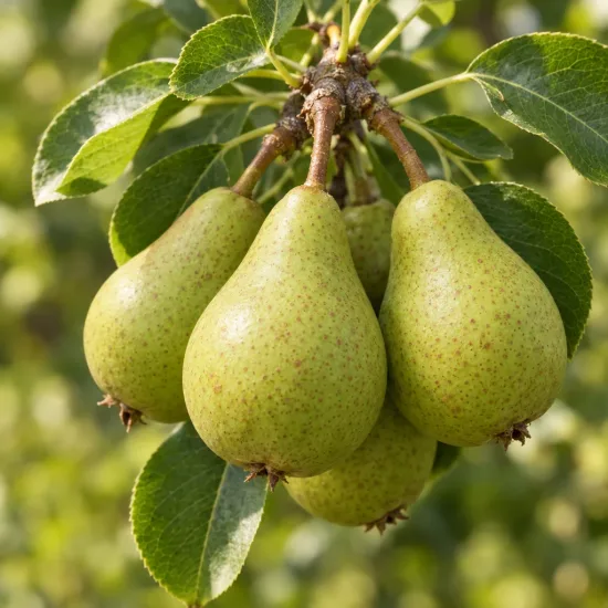 Poirier 'Garden pearl' (Pyrus communis) — gros plan de plusieurs fruits suspendus