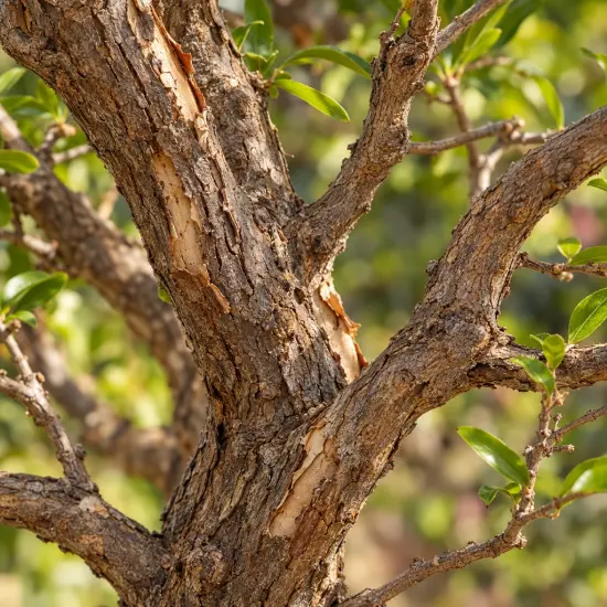 Grenadier à fleurs 'Toyosho' (Punica granatum) — tronc brun strié avec quelques feuilles vertes