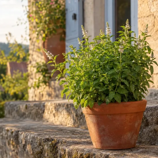 Menthe 'Mojito cocktail' (Mentha × piperita) — plante aromatique en pot sur marches en pierre · Photo d'illustration