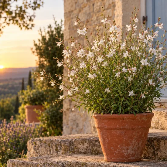 Gaura 'Belleza early white' (Gaura lindheimeri) — plante fleurie en pot sur marches en pierre · Photo d'illustration
