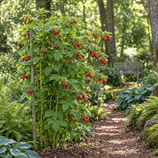 Framboisier 'Tulameen' (Rubus idaeus) — arbuste fruitier palissé chargé de fruits rouges au jardin · Photo d'illustration