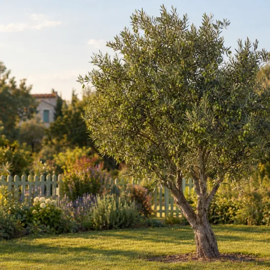 Olivier de l’herault 'Verdale de l'hérault' (Olea europaea) — arbre isolé dans un jardin fleuri clôturé · Photo d'illustration