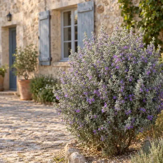 Sauge du désert 'Laredo' (Leucophyllum frutescens) — grand arbuste fleuri devant maison en pierre