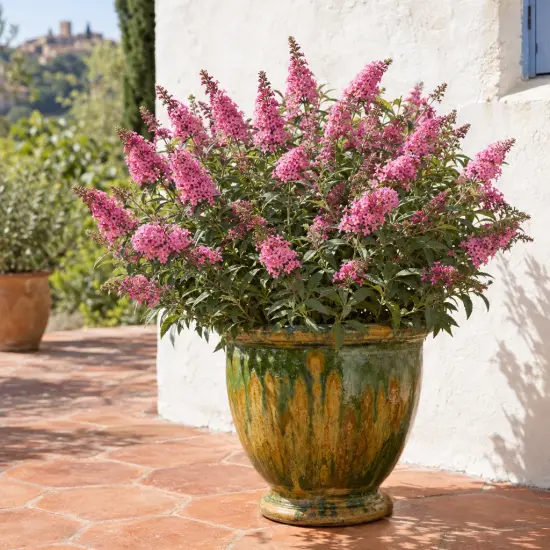 Buddleia 'Butterfly candy little bubblegum' (Buddleja davidii) — arbuste fleuri en gros pot vernissé sur terrasse