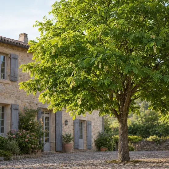 Robinier faux-acacia 'Bessoniana' (Robinia pseudoacacia) — grand arbre isolé devant maison en pierre