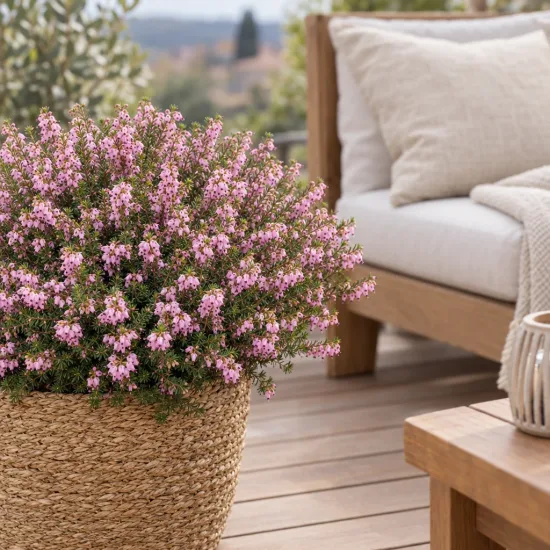 Bruyère 'Jw porter rose' (Erica darleyensis) — arbuste fleuri rose dans grand pot tressé sur terrasse
