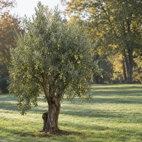 Olivier d'italie 'Ascolana terena' (Olea europaea) — arbre fruitier isolé dans une pelouse ensoleillée · Photo d'illustration