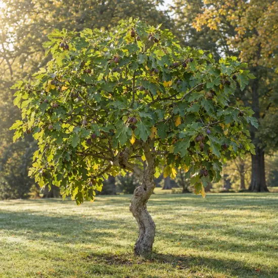 Figuier 'Violette normande' (Ficus carica) — arbre isolé au tronc torsadé chargé de fruits