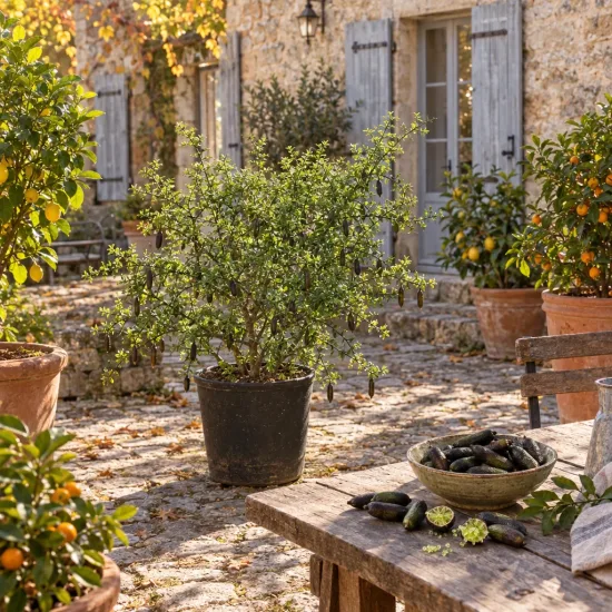 Citronnier caviar 'D'esmerald' (Citrus australasica) — arbuste en pot dans cour pavée ensoleillée