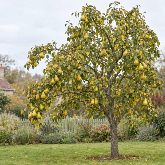 Poirier 'Beurre diel' (Pyrus communis) — arbre fruitier isolé couvert de poires mûres · Photo d'illustration