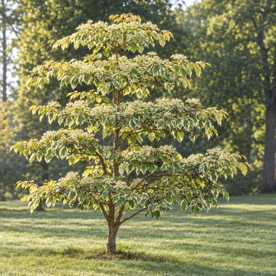 Cornouiller discuté 'Variegata' (Cornus controversa) — arbre isolé au feuillage panaché en étage · Photo d'illustration