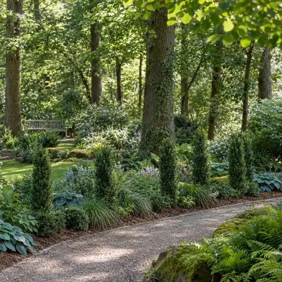 Houx crénelé 'O 'farrowsk6' (Ilex) — massif de jardin avec arbustes verticaux le long d’une allée · Photo d'illustration
